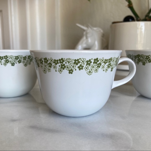VINTAGE • 70s Avocado Green Tea Cups Mugs Corelle CorningWare Made USA Set of 4 - Picture 2 of 11